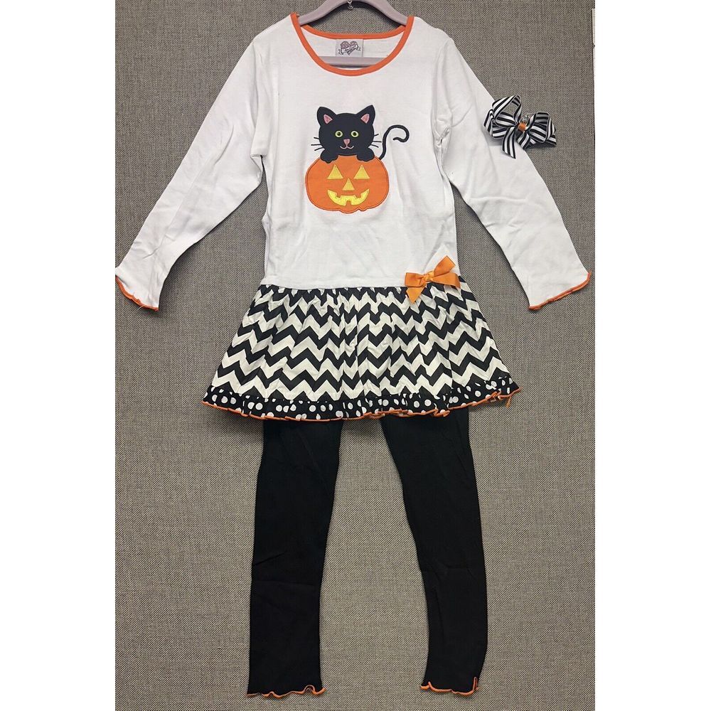 BNWT Ann Loren Halloween Black Cat In Pumpkin‎ Dress Pants Set Girls Size 7/8